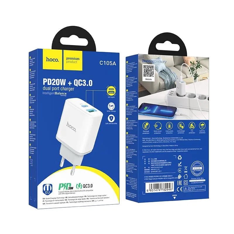 Сетевое зарядное устройство Hoco C105A Stage dual port PD20W+QC3.0