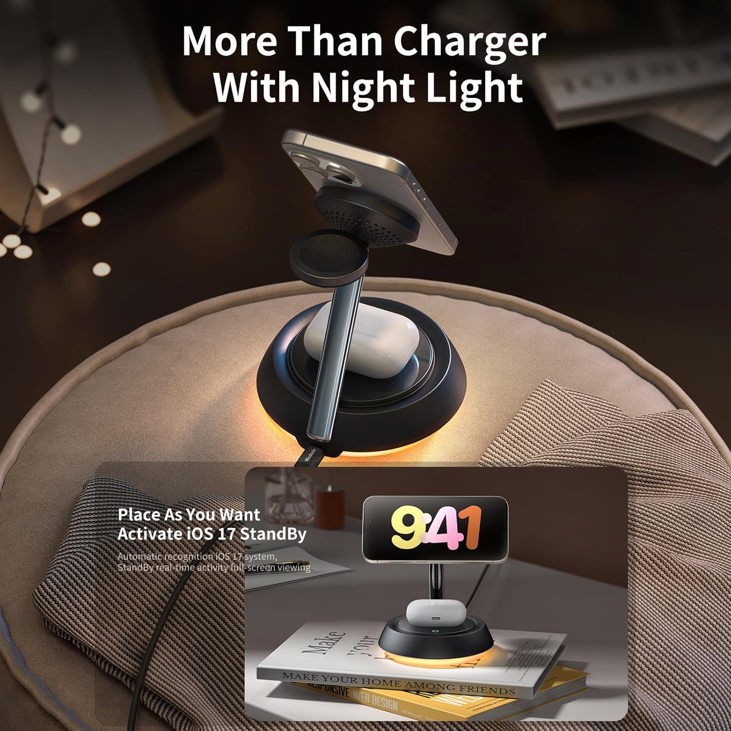 Беспроводное зарядное устройство Mcdodo 3in1 Night Light Magnetic Wireless stand 22.5W Black